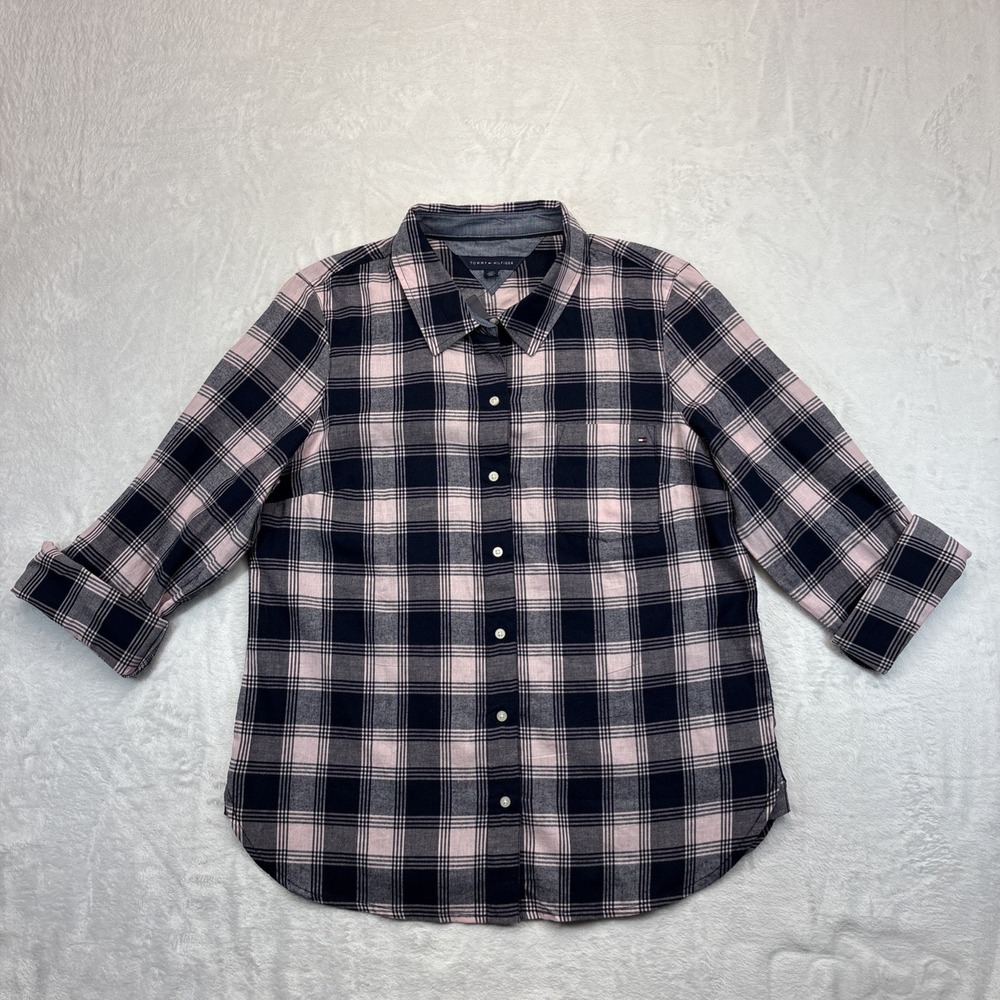 Tommy Hilfiger Plaid Flannel Shirt Womens L Pink Navy NWT Coastal